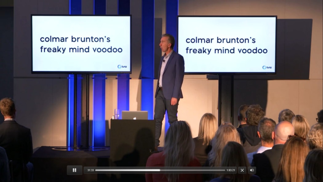 Nigel Latta presenting audience research data on advertising - or "Colmar Brunton's freaky mind voodoo"  - to TVNZ's commercial clients.