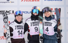 Ruby Star Andrews (R) on the podium at a Freeski Slopestyle World Cup.