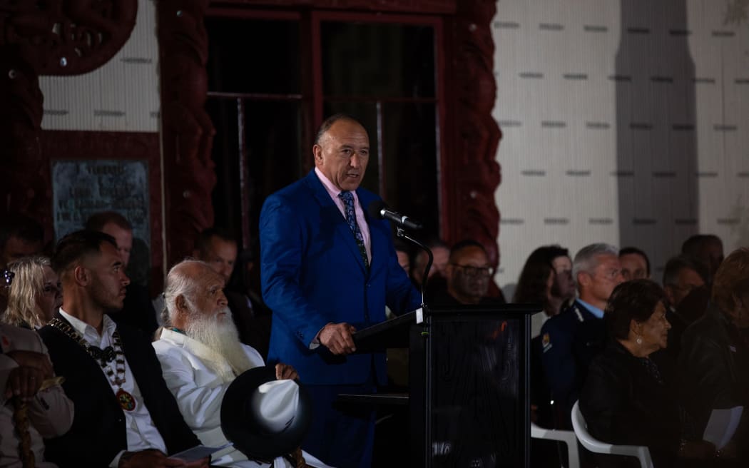 Waitangi National Trust Board chair Pita Tipene speaking at the dawn service, Waitangi Day 2025.