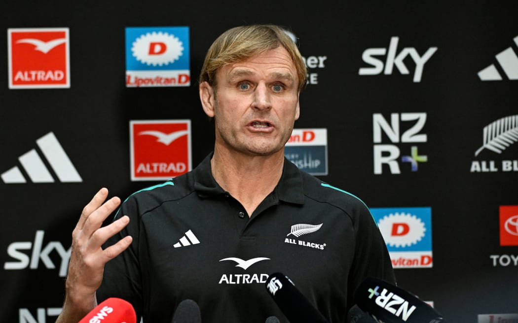All Blacks coach Scott Robertson speaks to media.