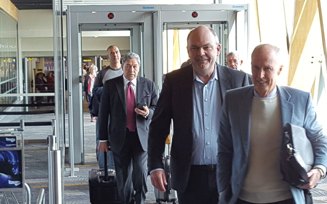 New Zealand First leader Winston Peters and National's campaign manager Steven Joyce get off their flight in Wellington.