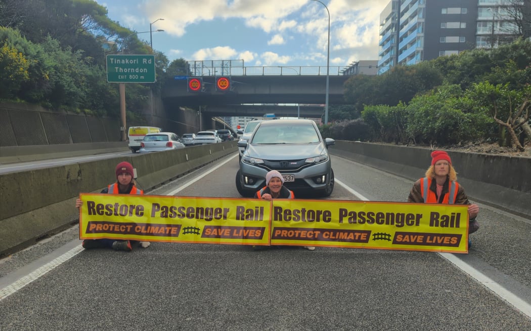 Restore Passenger Rail protest in Wellington on the morning of 4 September, 2023. Protesters sat down on the stretch of State Highway 1 just ahead of the northern entrance to the Terrace Tunnel about 8am.