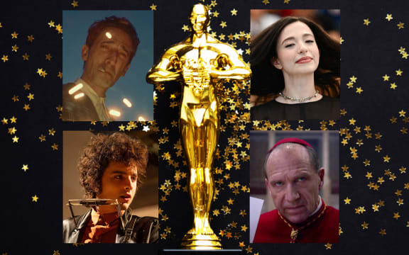 Clockwise from top, Adrien Brody in The Brutalist, Mikey Madison from Anora, Ralph Fiennes in Conclave and Timothée Chalamet in A Complete Unknown.