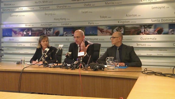 Theo Spierings at Fonterra's news conference, flanked by group director strategy Maury Leyland (left) and group director communications Kerry Underhill (right).