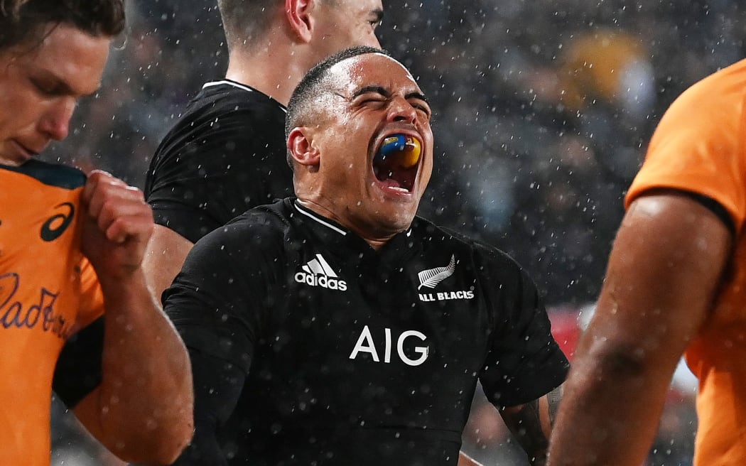 Aaron Smith celebrates the try of Codie Taylor.
New Zealand All Blacks v Australia Wallabies. 2nd Bledisloe Cup rugby union test match. Eden Park, Auckand, New Zealand. Saturday 14 August 2021. © Mandatory photo credit: Andrew Cornaga / www.photosport.nz