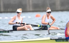 New Zealand's Grace Prendergast and Kerri Gowler react at the end of the women's pair semi-final during the Tokyo 2020 Olympic Games