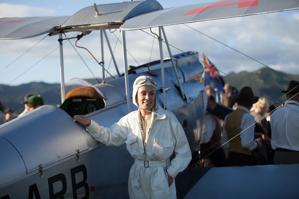Jean Batten (played by Kate Elliott) with the Gipsy Moth Plane from the film "Jean"