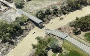 A damaged bridge seen during a flight over Gisborne after Cyclone Gabrielle.
