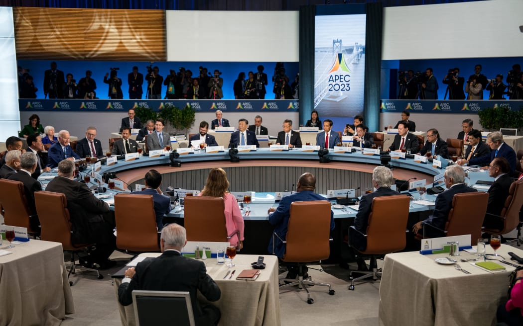 World Leaders meet during the Asia-Pacific Economic Cooperation (APEC) Leaders' Informal Dialogue with Guests during APEC Leaders' Week at Moscone Center on November 16, 2023 in San Francisco, California.