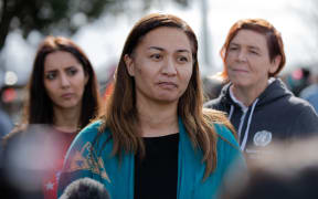 Marama Davidson speaking at Ihumatao on Friday.