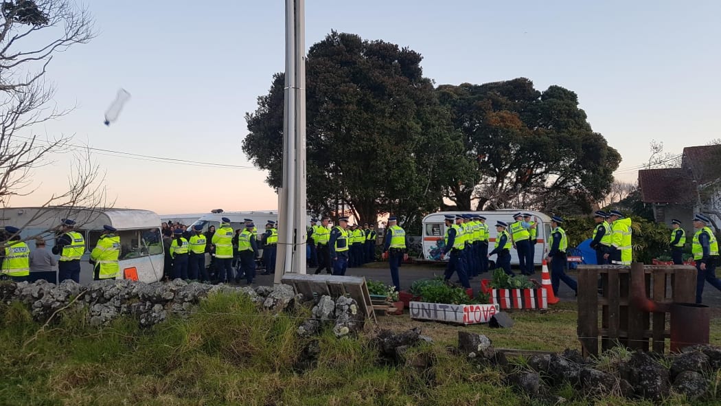 Police at Ihumatao on Wednesday evening.