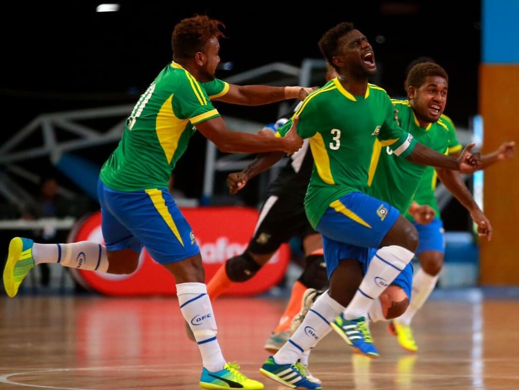 Solomon Islands captain Elliot Ragomo celebrates one of his two goals.