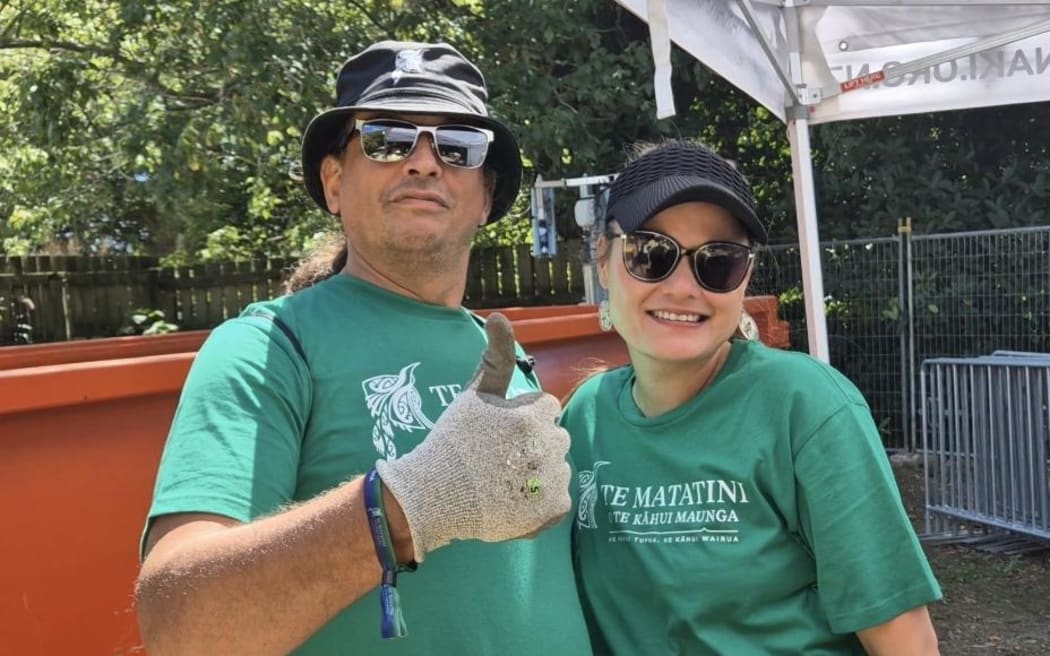 Norissa Taia and Wiki Manu are one of the many volunteers at Te Matatini working back in the pare kore - the rubbish sorting bay.