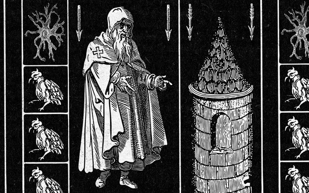 A black-and-white medieval-style illustration with a man in a robe standing next to a tower.