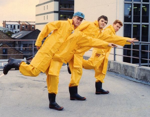 Blam Blam Blam: Mark Bell, Tim Mahon, Don McGlashan during the No Depression video shoot. On the rooftop of TVNZ Shortland Street.