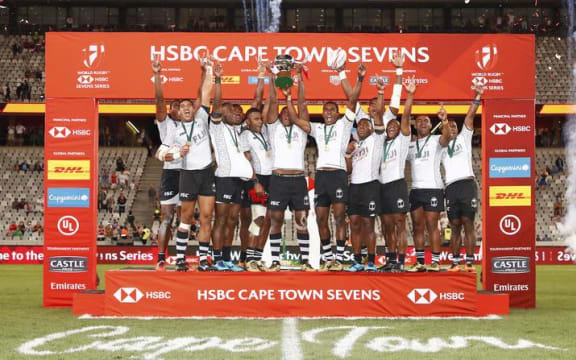 Fiji players celebrate winning the Cape Town Sevens.