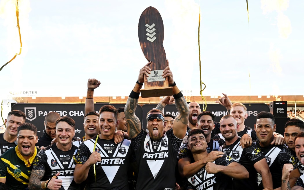 James Fisher-Harris and the Kiwis celebrate winning the Pacific Championships Cup Grand Final.