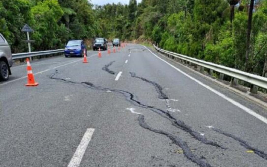 Cracks in the road on State Highway 25A in the Coromandel Peninsula.