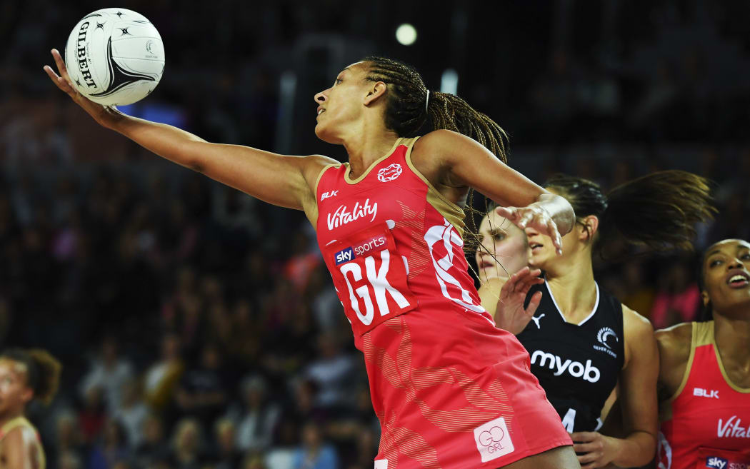 England Roses Geva Mentor in action during a match against the Silver Ferns.