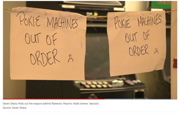 Out of order sign on pokie machines, Rawene Masonic Hotel