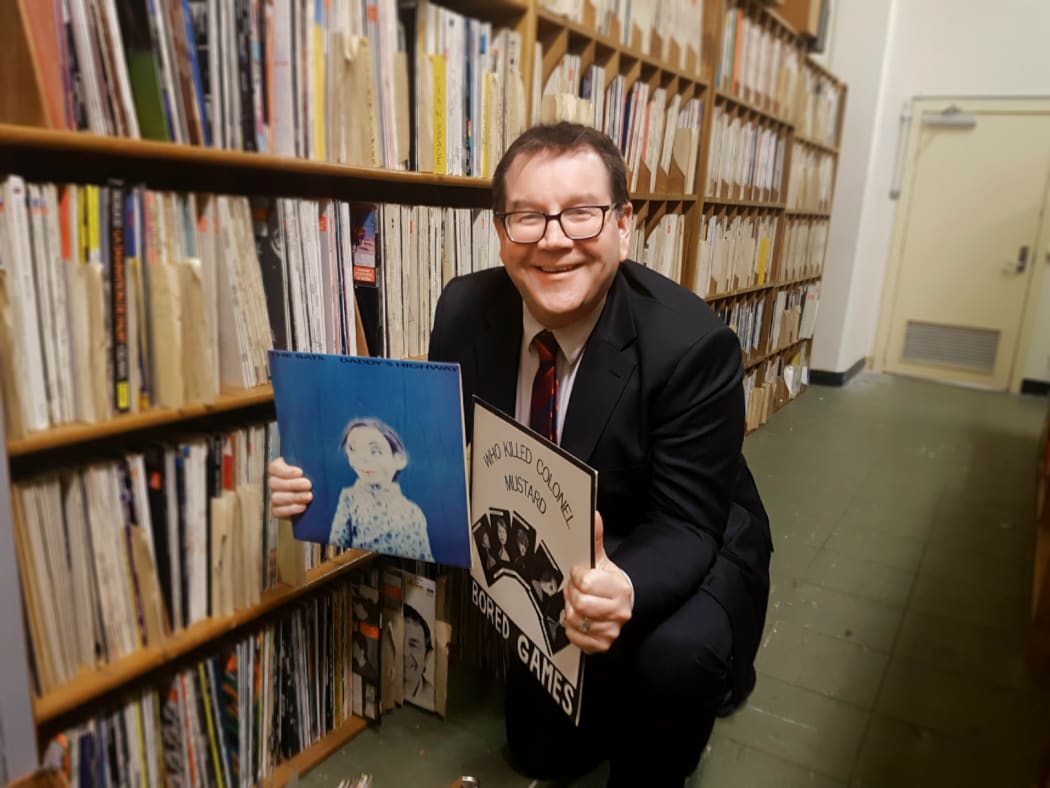 Minister of Finance and Flying Nun fanboy Grant Robertson amongst the RNZ local vinyl archive