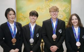 Oren Dabbach (centre left) with fellow medallists, Jessica Wu, Jamie Cartwright, and Sophie Main.