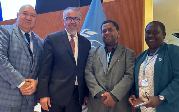 Honourable Minister Dr Paul Bosawai, the Solomon Islands designated official to the Executive Board of the World Health Assembly standing with Regional Director of the Western Pacific Regional Office Dr Saia Ma'u Piukala, WHO Director-General Dr Tedros Adhanom Ghebreyesus, and Permanent Secretary of Health, Mrs Pauline McNeil