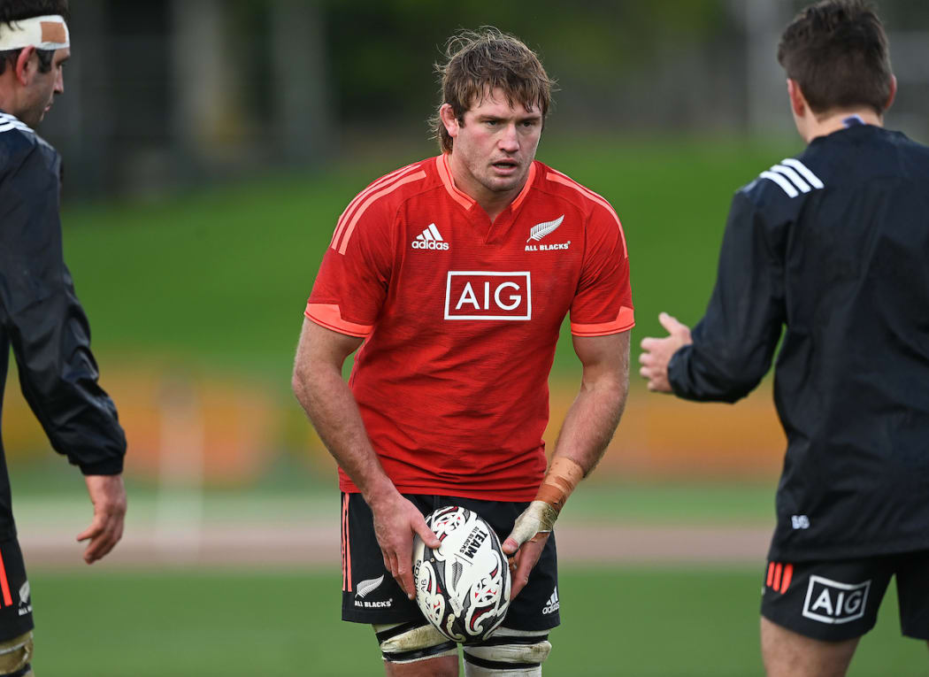 Ethan Blackadder during a New Zealand All Blacks training session in Auckland on 29 June ahead of the test match against Tonga.