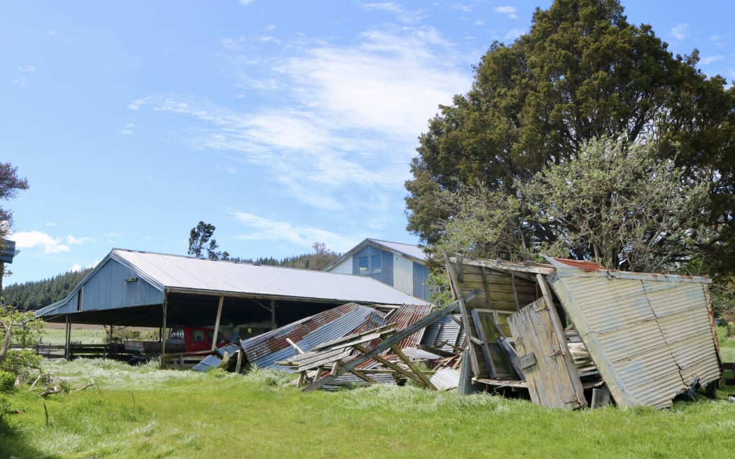 Alistair Storer's wind-damaged sheds, after severe spring storms, in October, 2025.