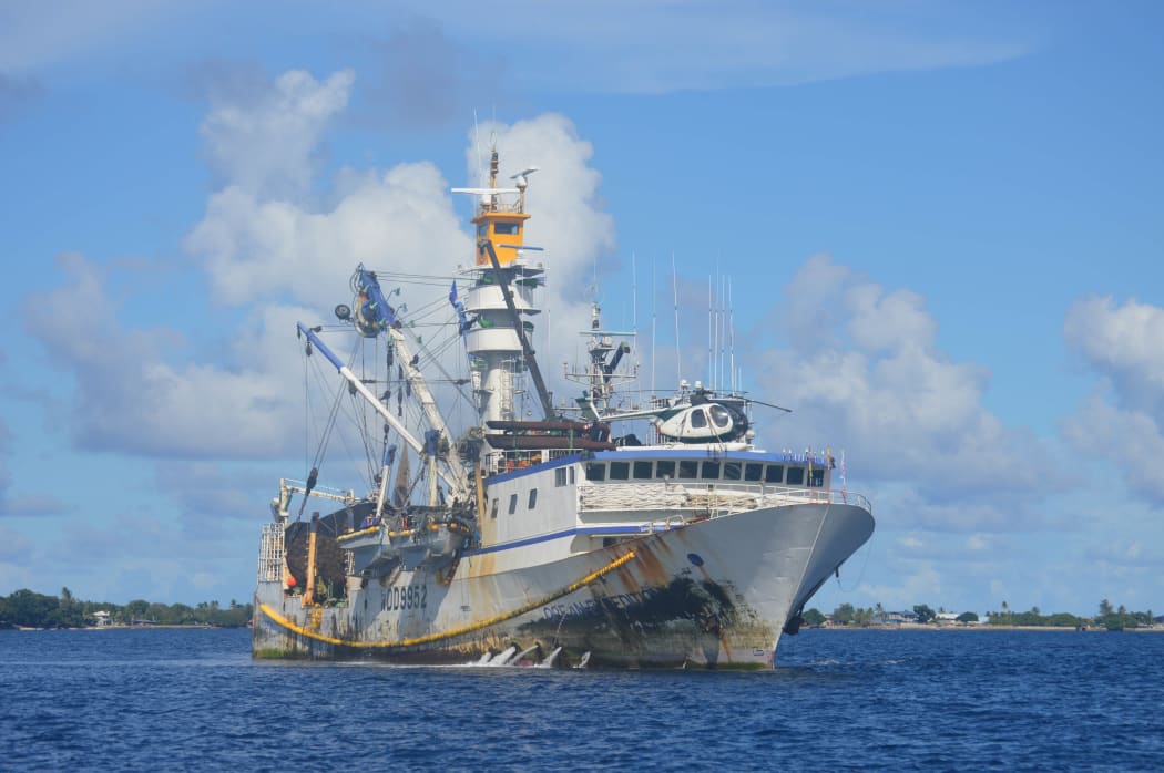 The purse seiner Ocean Expedition anchored in Majuro lagoon. A PNG national is charged with murdering a Kiribati fisherman onboard the vessel last week.