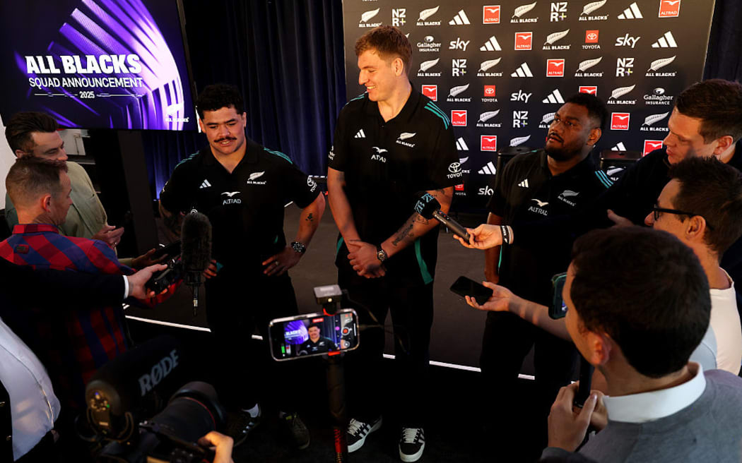 All Black debutants (L-R) Du'Plessis Kirifi, Fabian Holland and Timoci Tavatavanawai talk with media during the New Zealand All Blacks 2025 Squad Announcement at Coastal Rugby Club.