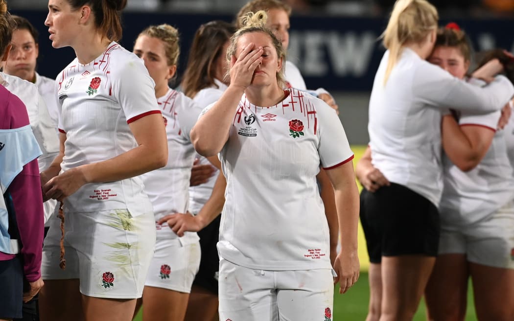 Dejected England players after the women's Rugby World Cup final against New Zealand, Eden Park 2022.