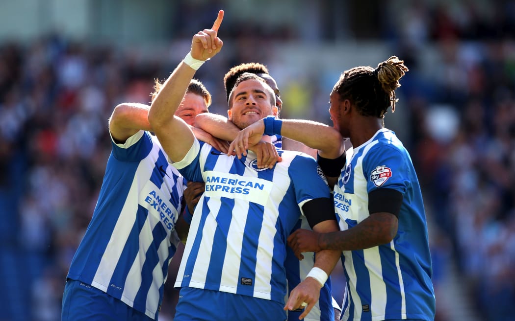 12 September 2015 - Championship - Brighton & Hove Albion v Hull City
Brighton players swarm Tomer Hemed to celebrate his goal