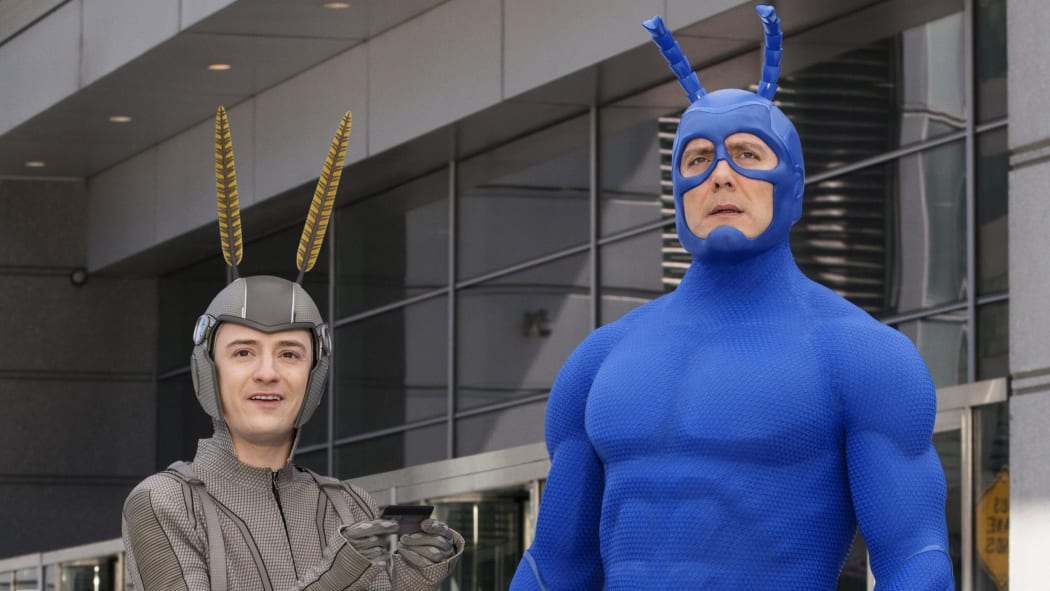 Griffin Newman (Arthur) and Peter Serafinowicz (The Tick) in Amazon's version of the classic comic book story.