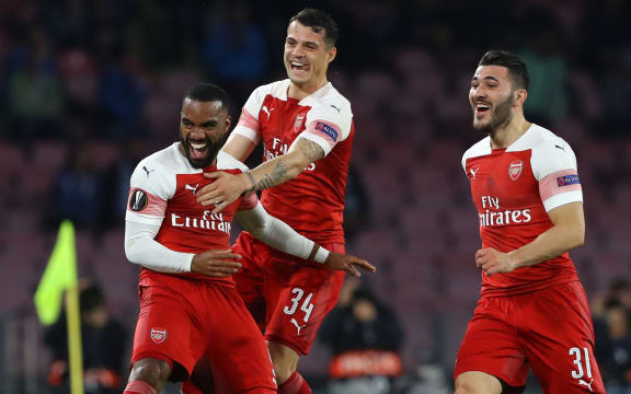 Arsenal's Alexandre Lacazette celebrates after scoring.