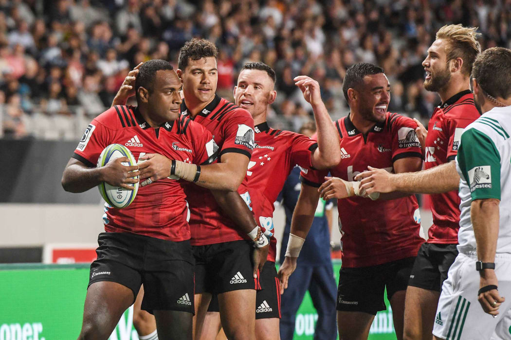 Manasa Mataele is congratulated after a try for the Crusaders in 2019.