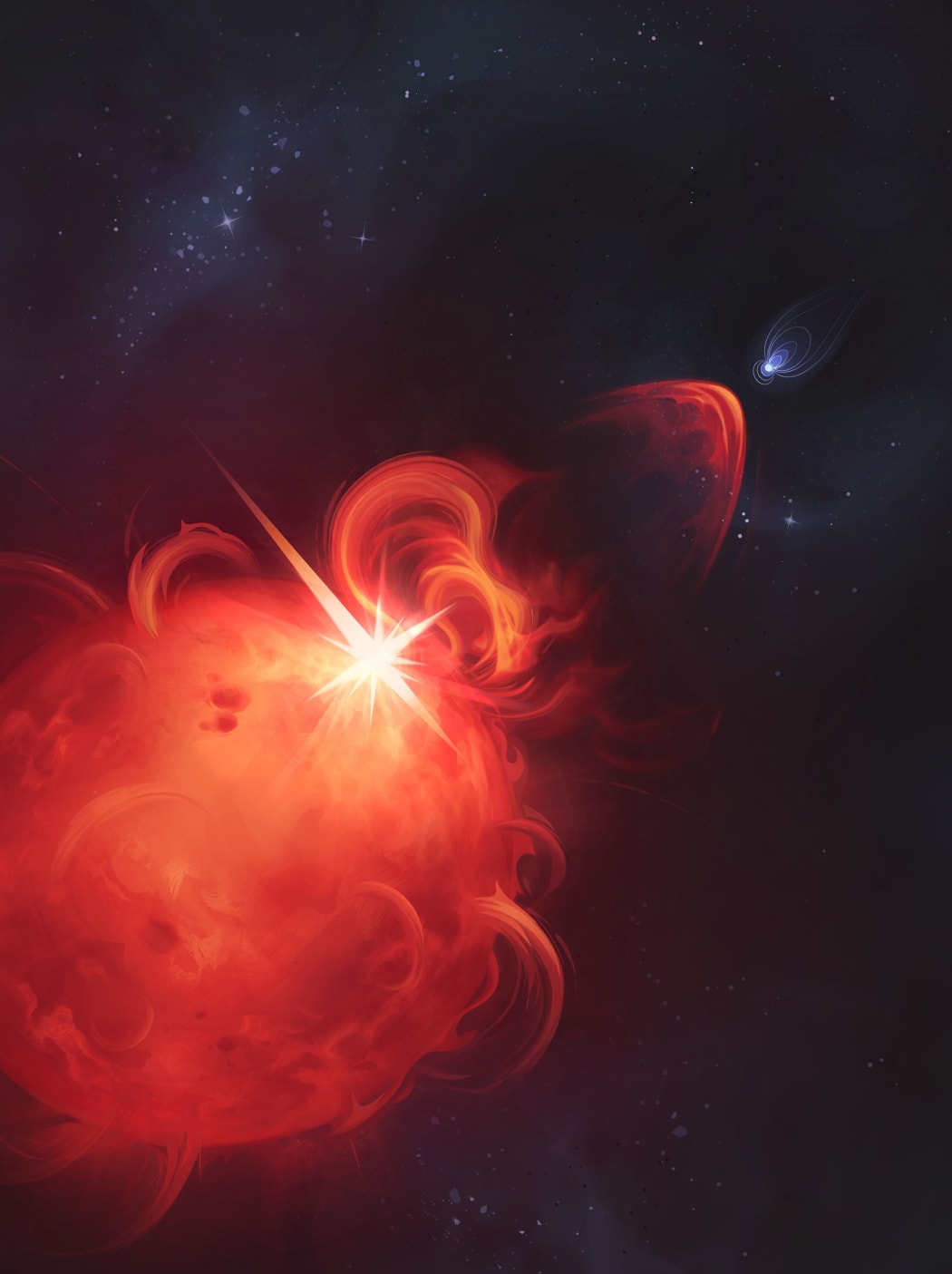 An artist’s impression shows a coronal mass ejection releasing from a star.
Mandatory Credit:	Olena Shmahalo/Callingham et al./ESA via CNN Newsource