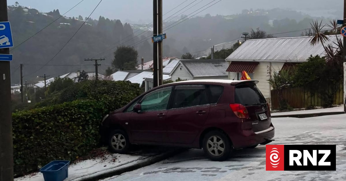 A maroon car parked on a snowy street next to a hedge with a street sign for Taine St.