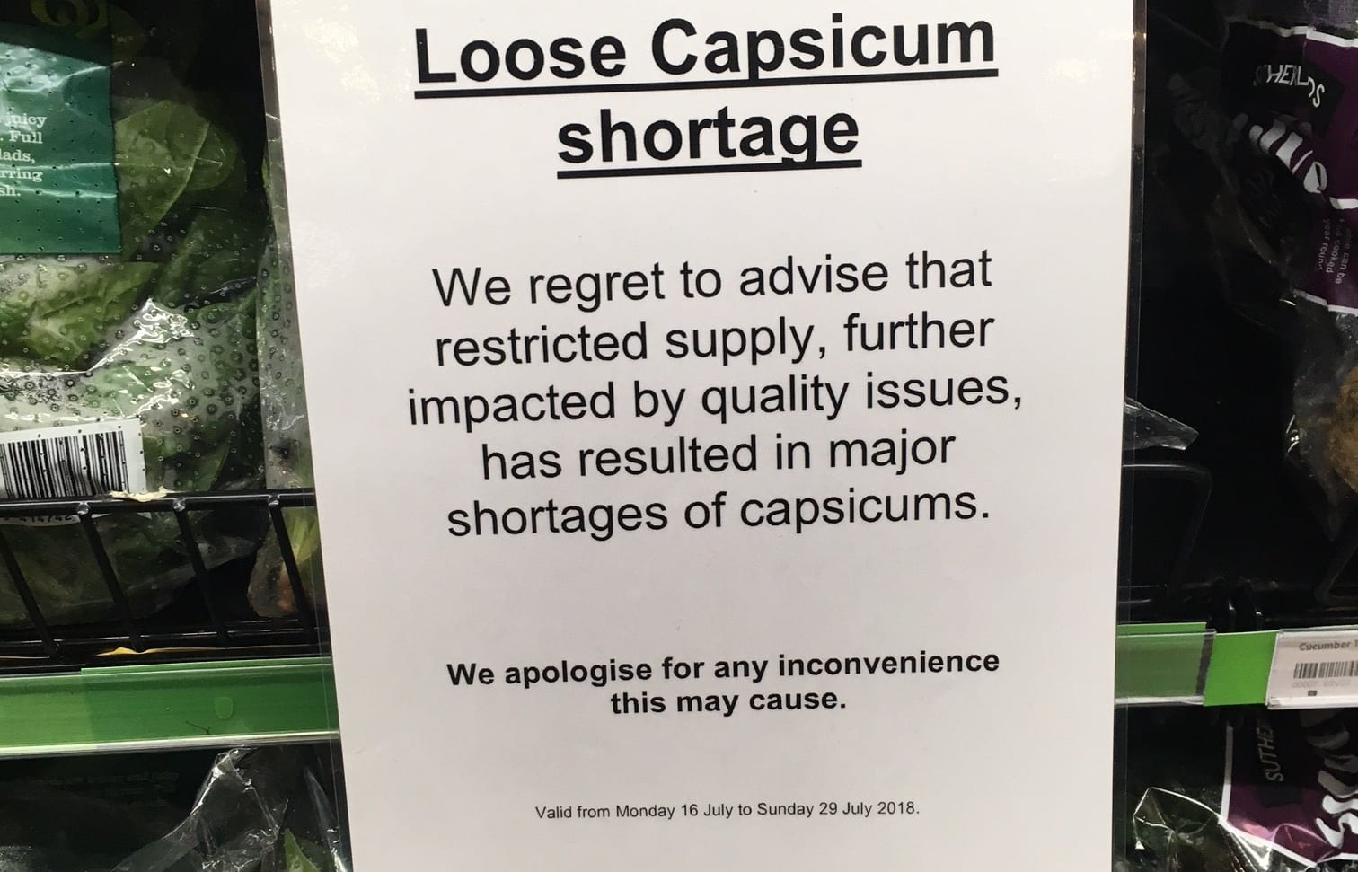 This was the sign greeting shoppers in search of capsicums at one Auckland supermarket