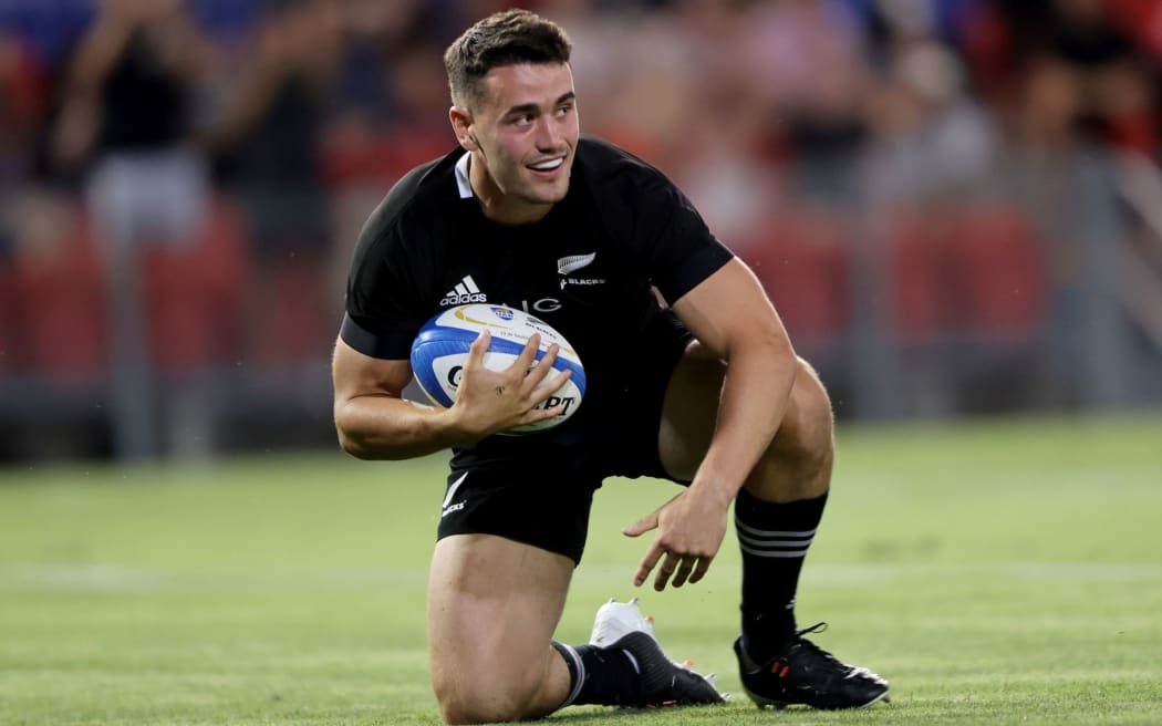 Will Jordan dives over to score a try. New Zealand All Blacks v Argentina. 2020 Rugby Championship Test Match played at McDonald Jones Stadium, Newcastle Australia on Saturday 28th November 2020.