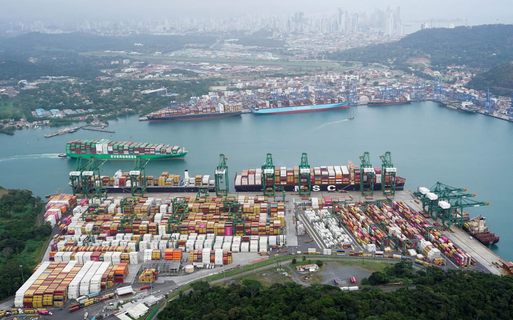 An aerial view shows containers at the Balboa Port, operated by Panama Ports Company, at the Panama Canal.