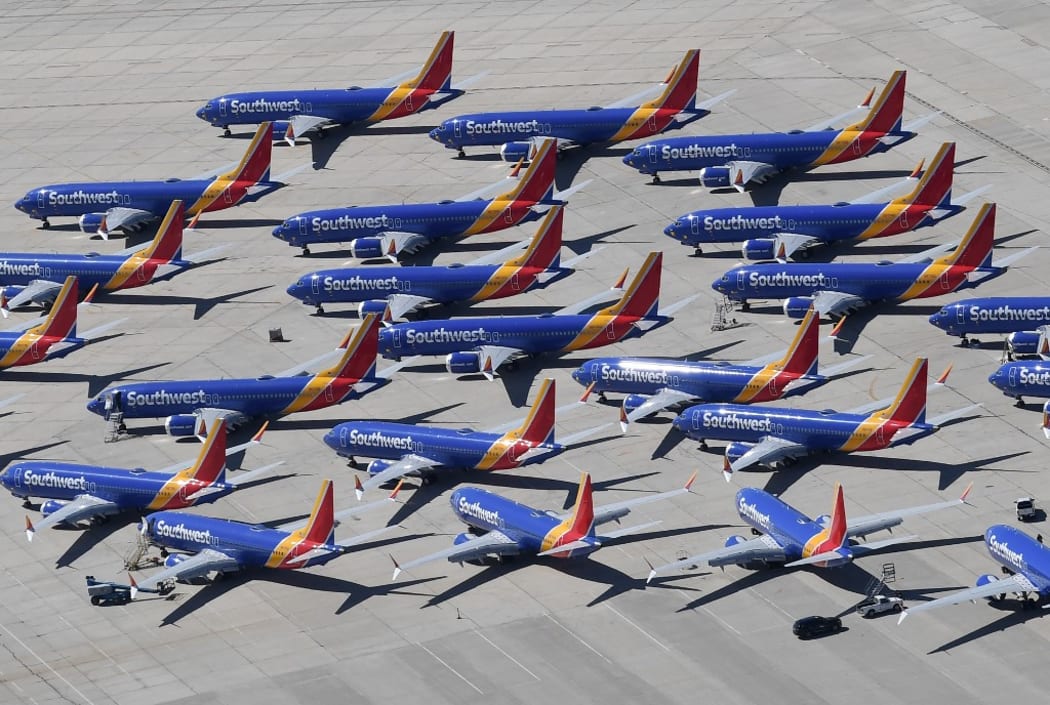 Southwest Airlines Boeing 737 MAX aircraft are parked on the tarmac after being grounded, at the Southern California Logistics Airport in Victorville, California on March 28, 2019.