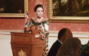 Prime Minister Jacinda Ardern makes a toast to the Commonwealth at a state dinner at Buckingham Palace