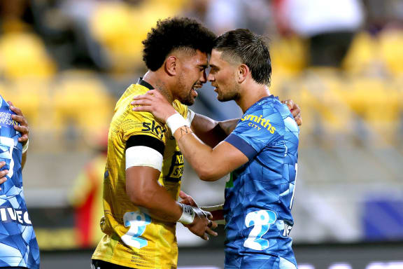 Ardie Savea and Otere Black share a hongi
