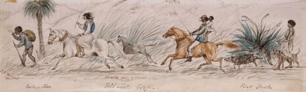 Horses (hōiho) were first introduced in 1814, at Rangihoua. They were initially scarce, representing a significant investment and thus prosperity. By the
1850s, however, horses were the most common form of transport. This group, 
sketched in 1861, is on the way to market.