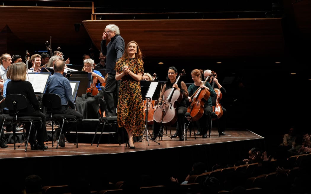 Animateur Rachel Leach on stage at NZSO’s The Firebird schools concert at the Michael Fowler Centre on 30 May.