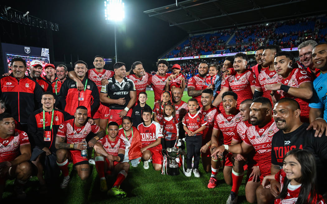 Tonga XIII team photo with the Challenge Trophy cup.
New Zealand Kiwis v Tonga XIII 2024 Pacific Championships rugby league test match at Go Media Stadium, Auckland, New Zealand on Saturday 2 November 2024. © Photo: Andrew Cornaga / Photosport