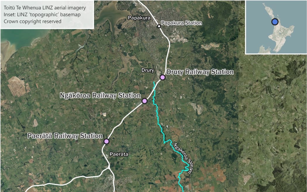 A map showing the location of the three new railway stations planned for Drury, south of Auckland.