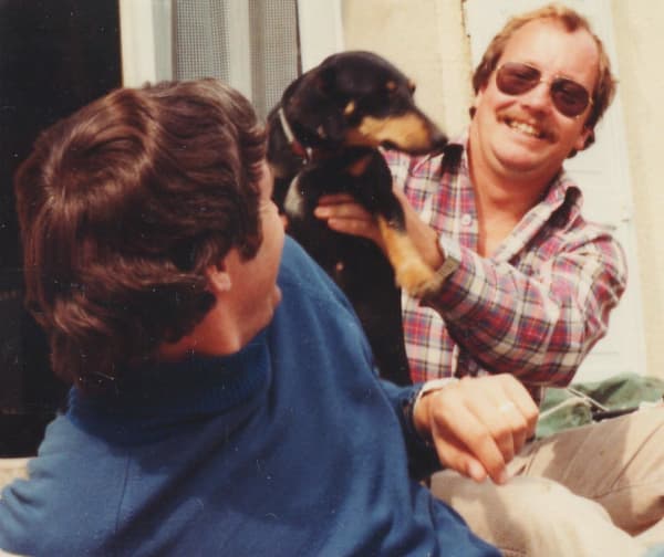 Burgundy the farm dog with Glenn Fitzgerald and Rocky Hudson.