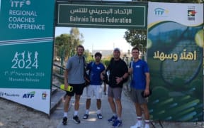 CONTRIBUTED PHOTO

From left, Team NMI's Davis Cup team Colin Sinclair, Robbie Schorr, Tomas Abel, and Colin Ramsey pose for a group photo in Bahrain last Monday.